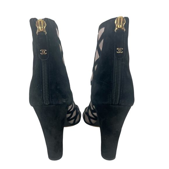 Chanel 2018 Black Suede Mesh Peep Toe CC Logo Ankle Boots - Picture 12 of 16